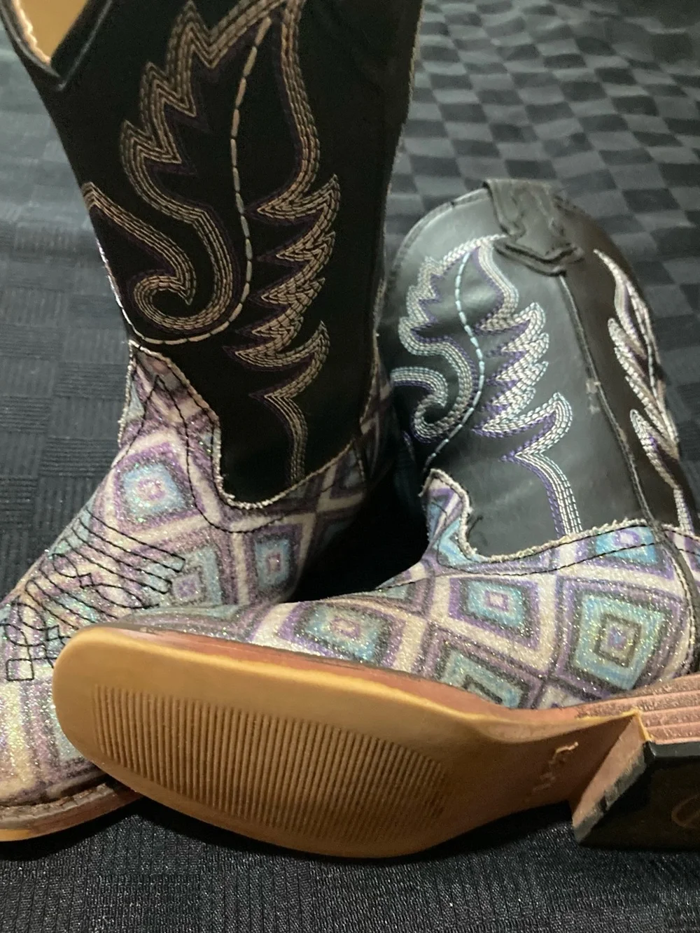 Roper Black Shaft Cowgirl Boots with Purple and Teal Geometric Toe
